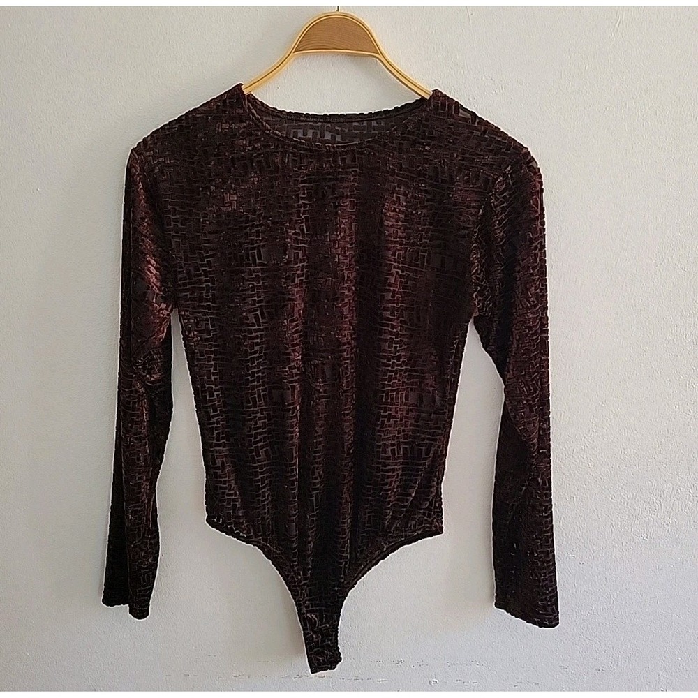 Vintage 90s G Wheels Velvet Burnout Bodysuit‎ Large Brown Long Sleeve Glam Retro